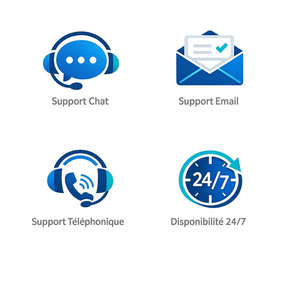 Support chat, email et téléphone